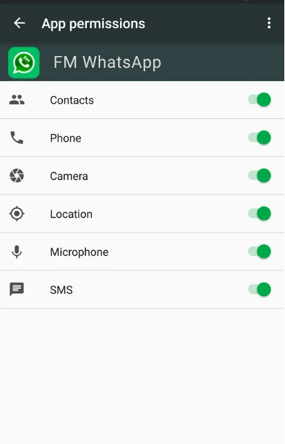 FM WhatsApp App permissions screenshot